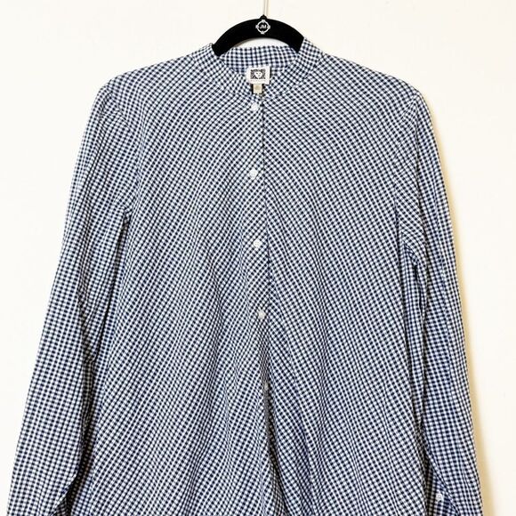Anne Klein Gingham Button Down Sharkbite Tunic Blouse Navy White Size 0X - Picture 4 of 13